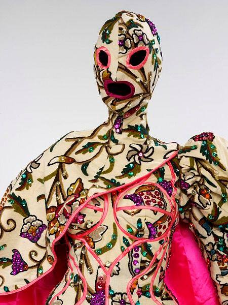 Costume for a female performer designed by Leigh Bowery and made by Mr Pearl for 1987 dance performance, "Because We Must" by Michael Clark Dance Company (Victoria & Albert Museum Collections)