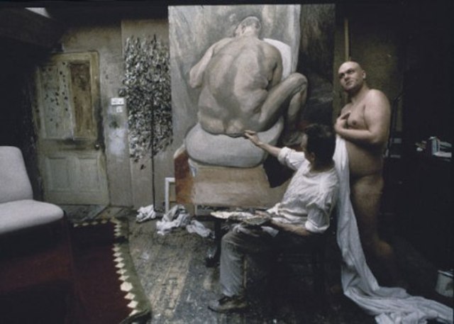 Leigh Bowery and Lucien Freud working on his portrait
